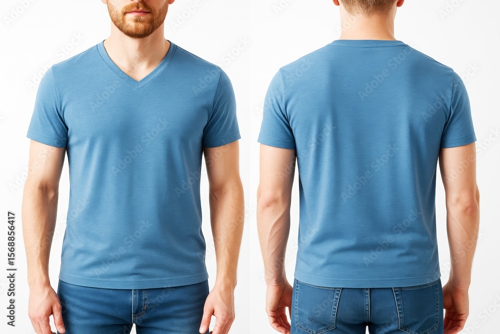 Poster front and back view of man wearing plain blue v-neck t-shirt on white background for apparel mockup 