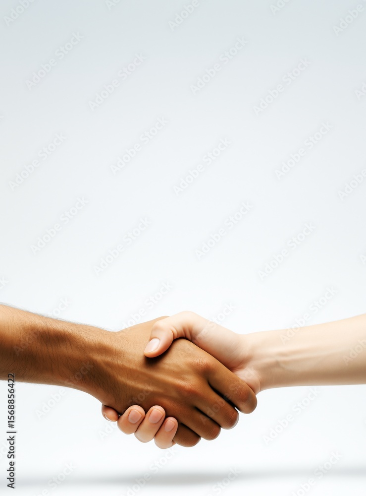 Poster close-up of diverse people shaking hands against a light background symbolizing unity, agreement, an