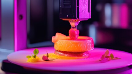 A vibrant image of a 3D food printer crafting a gourmet dish layer by layer.