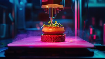 A vibrant image of a 3D food printer crafting a gourmet dish layer by layer.