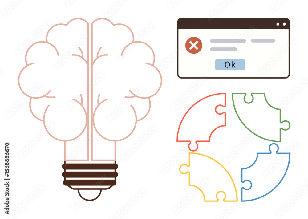 Poster brain-shaped light bulb symbolizes creativity, error window signals challenges, and multicolored puz
