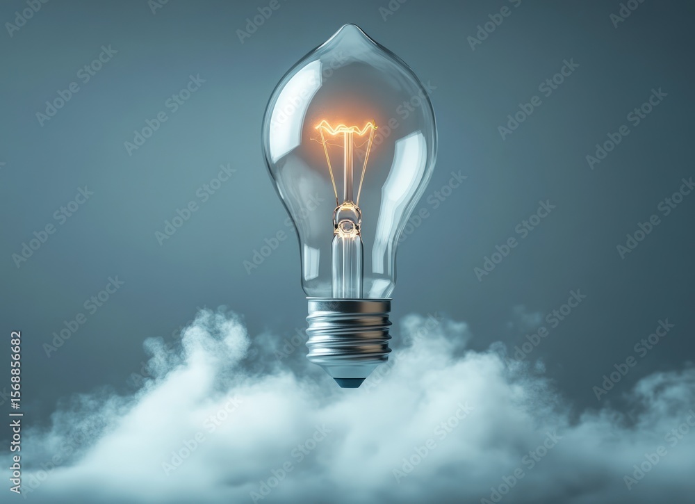 Poster lit filament lightbulb floats on misty clouds