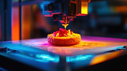 A vibrant image of a 3D food printer crafting a gourmet dish layer by layer.