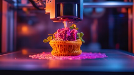 A vibrant image of a 3D food printer crafting a gourmet dish layer by layer.