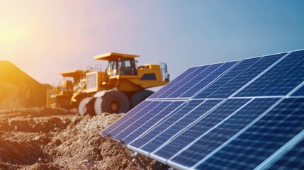 A vibrant image of solar-powered mining equipment operating in an open pit mine.