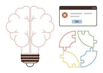 Brain-shaped light bulb symbolizes creativity, error window signals challenges, and multicolored puzzle pieces demonstrate finding solutions. Ideal for innovation, problem solving, teamwork