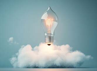 Lightbulb rocket lifts off a fluffy cloud
