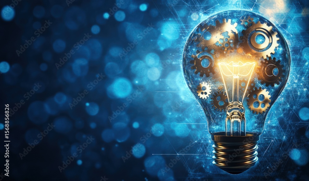 Poster lightbulb filled with gears, glowing on a bokeh backdrop