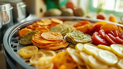 A vibrant photo of a desktop food dehydrator preparing healthy snacks at home.