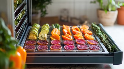A vibrant photo of a desktop food dehydrator preparing healthy snacks at home.