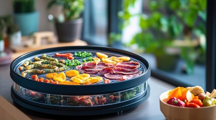 A vibrant photo of a desktop food dehydrator preparing healthy snacks at home.