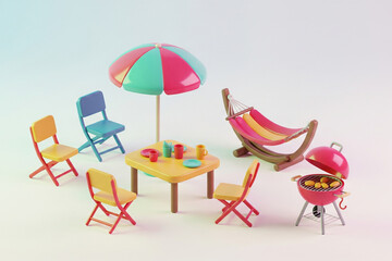 3D rendering of outdoor patio furniture, including a colorful striped umbrella, a yellow table with cups, four colorful chairs, a hammock, and a red barbecue grill with food.