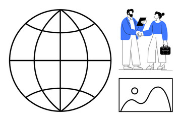 Globe symbol, handshake between professionals, and growth graph represent global collaboration, teamwork, and expansion. Ideal for business, networking, career, marketing globalization growth