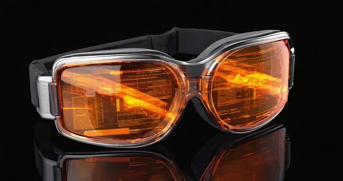 Futuristic orange-tinted goggles with digital interface overlay