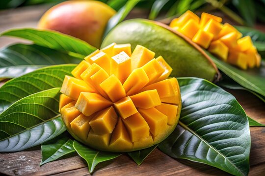 A beautifully sliced ripe mango surrounded by fresh green leaves on a wooden surface