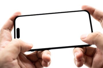 Hand Holding Smartphone with Blank Screen for Mockup and App Presentation. perfect for app presentation, UI UX design, advertising, and product mockup. Copy space. isolated on white. Gaming.
