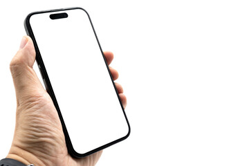 Hand Holding Smartphone with Blank Screen for Mockup and App Presentation. perfect for app presentation, UI UX design, advertising, and product mockup. Copy space. isolated on white with clipping path