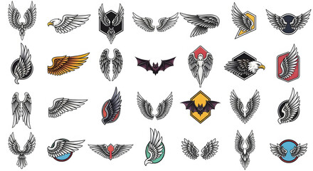 Obraz premium Butterfly and eagle wings with shield vector pattern collection