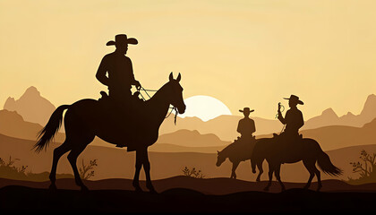 Cowboys Riding Horses Silhouette Against Sunset Landscape