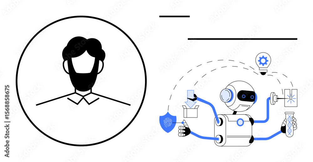 Poster human profile within circle beside ai robot completing tasks thumbs up lightbulb activation, data se