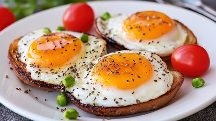 Close up of Fried Eggs on Toast with Tomato and Peas on White Plate
