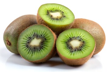 Several whole and halved kiwis are isolated on white background
