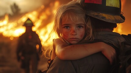 A young girl holding onto a rescue worker as they escape a wildfire