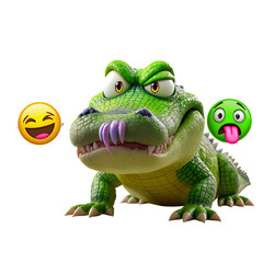 Fototapeta premium Cartoon Green Crocodile with Playful Emoji and Surprised Emoji on Transparent Background