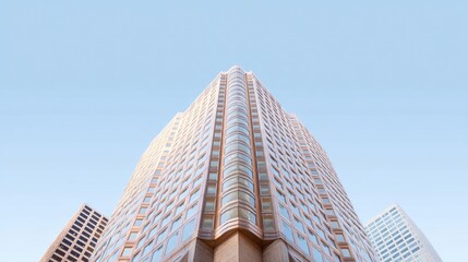 Modern Skyscraper with Glass Facade Against Clear Blue Sky