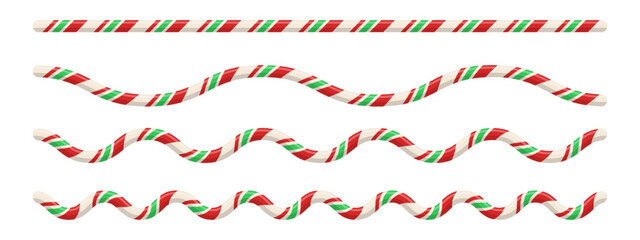 Candy cane border with red, white, green striped pattern. Includes realistic spiral lollipop line for holiday card or banner design. Seamless sweet ornament for winter decoration. Vector illustration.