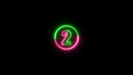Number two/2 glowing in the on the black background. neon light number 2 isolated on background. Abstract purple and green color digit neon effect.