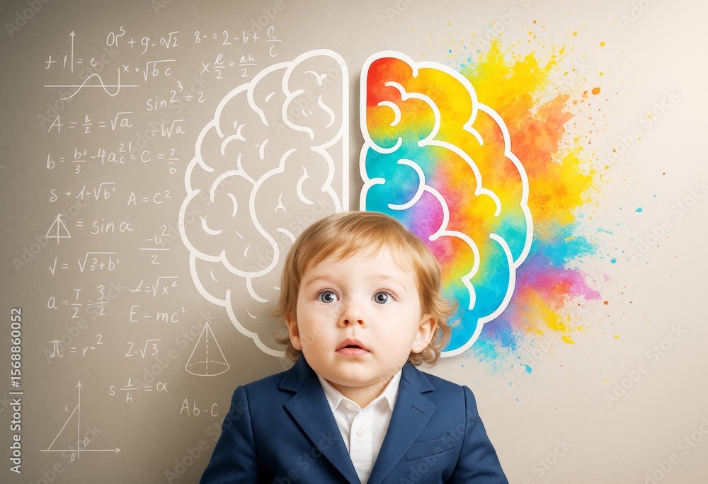 Poster Child in front of abstract brain illustration split into colorful and mathematical halves on beige background, symbolizing creativity and logic balance.