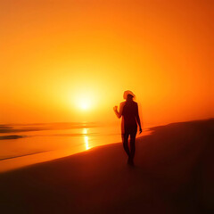 Fototapeta premium A man standing in beach at golden hour seeing sunset from the sea