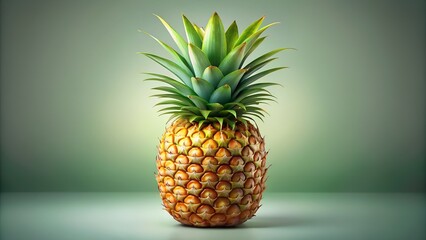 A whole, ripe pineapple with a vibrant green crown sits on a reflective surface against a soft green gradient background