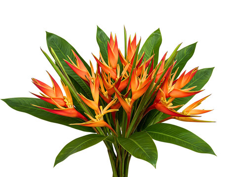 Vibrant heliconia flower arrangement with lush green leaves isolated on transparent background