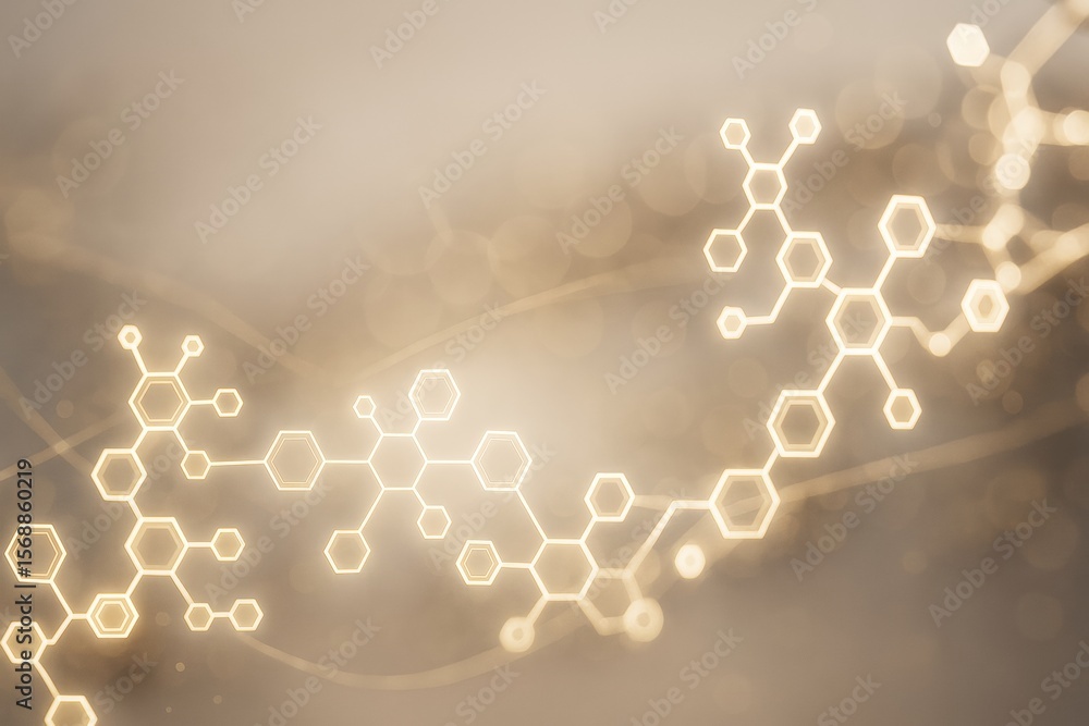 Aufkleber Glowing molecular structure with hexagonal light patterns on soft abstract background illustrating science and technology concept in warm tones.