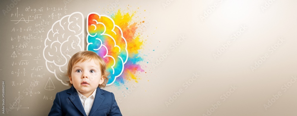 Poster Child in suit with brain illustration showing left logic and right creativity on beige background with copyspace for science or education concept.