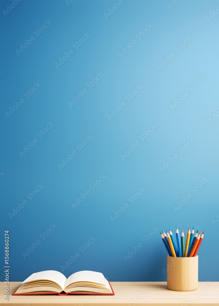 Poster open book and colored pencils on wooden desk with blue gradient background for education, design or 