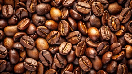 Obraz premium A closeup, detailed view of rich, dark roasted coffee beans filling the frame, showcasing their textured surface and deep brown color