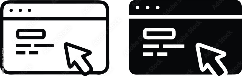 Poster webpage click icon set – black and white vector browser window with cursor and interface elements