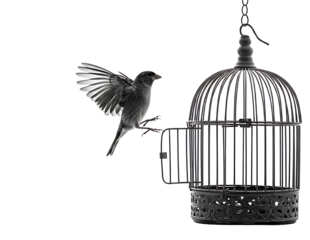 jay escaping from an old metal bird cage against a black background