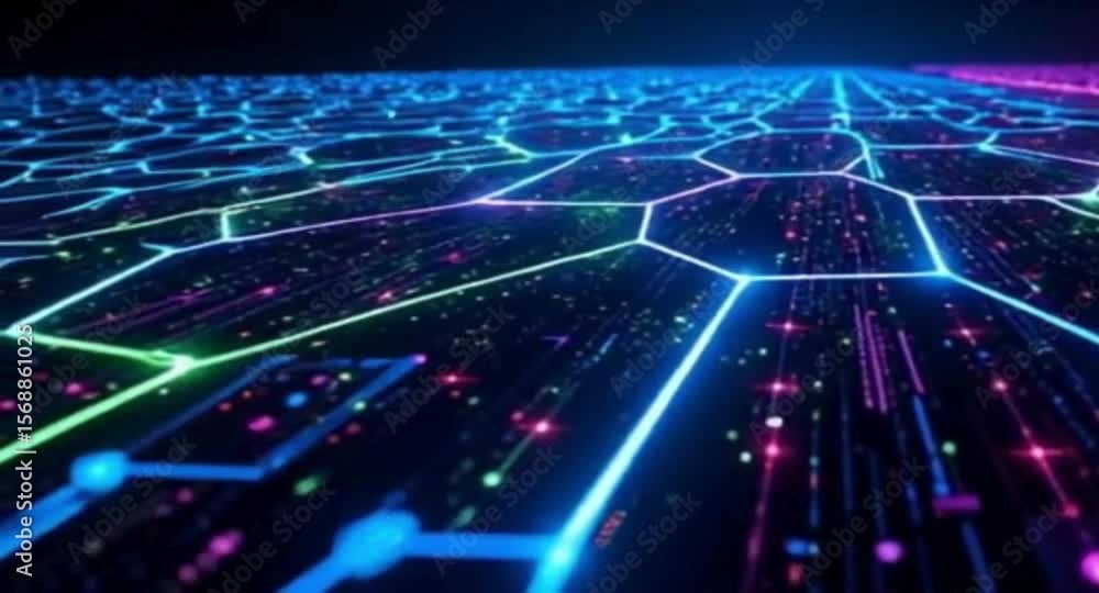Poster abstract technology background with neon grid hexagonal pattern and data flowing through network con