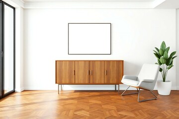 Modern living room with mid century modern furniture and large window