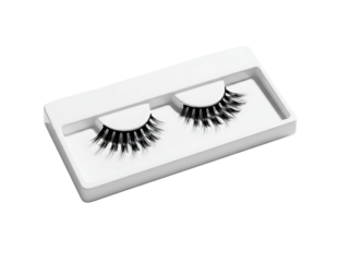 Pair of dramatic false eyelashes in a white tray isolated on transparent background