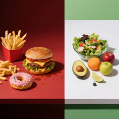 Dietary Options: Healthy Food and Junk Food on Contrasting Backgrounds