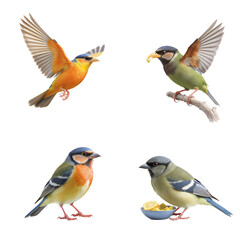 Colorful Birds with Bright Plumage and Varied Activities on Transparent Background