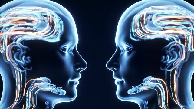 Glowing data streams flowing between two abstract human heads made of glass, symbolizing direct neural communication and future telepathy.

