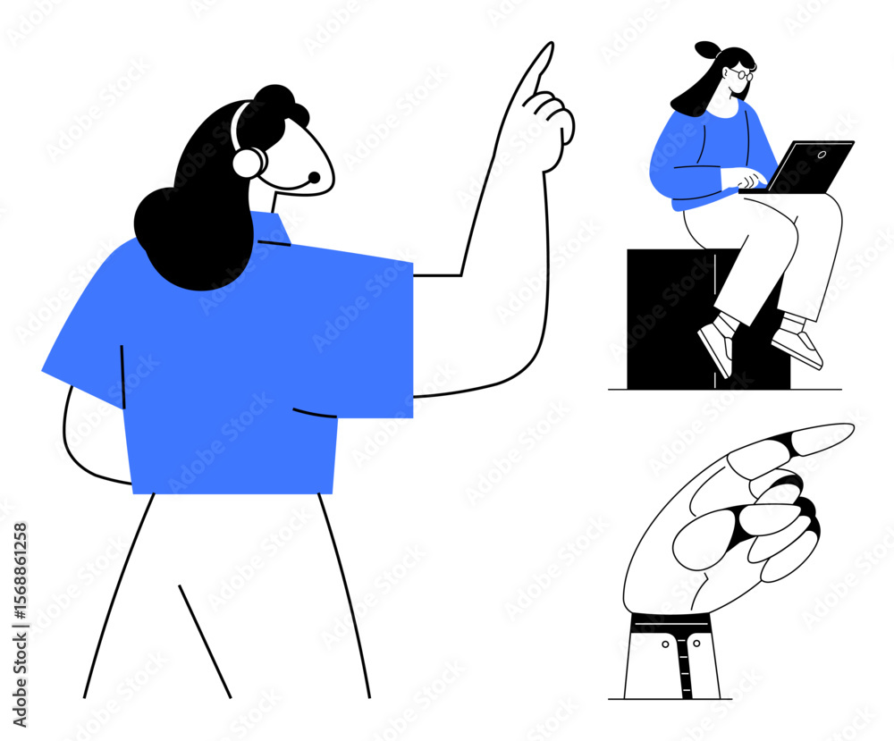 Poster person gesturing with raised hand while explaining an idea, seated individual using a laptop for wor