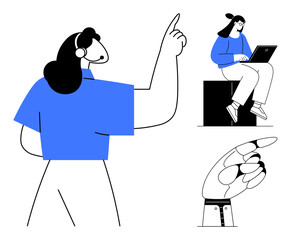 Person gesturing with raised hand while explaining an idea, seated individual using a laptop for work, and close-up detail of pointing finger. Ideal for education, training, teamwork, guidance