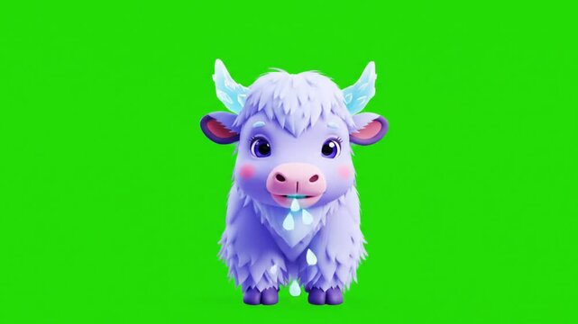 Adorable Purple Yak 3D Render Isolated on Green Screen with Icy Horns and a Cute Expression Perfect for Educational Content and Creative Projects